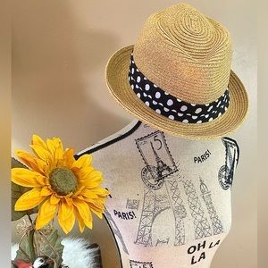 Womans SPF 50 summer tan woven hat with black white polka dot ribbon adjustable